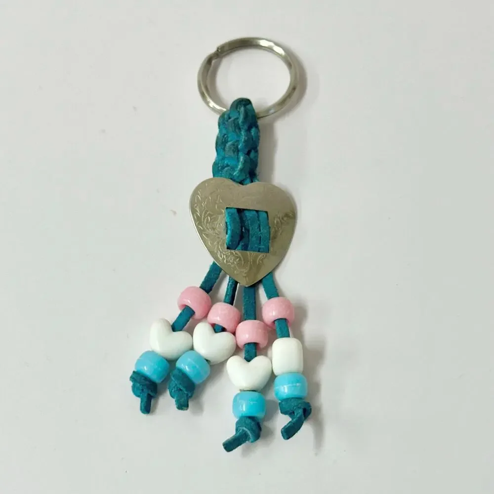 Vintage 90s handmade suede leather‎ and bead macrame Keychain heart concho boho